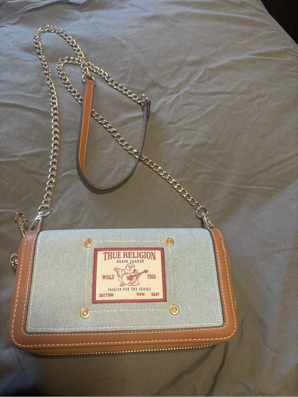True Religion Light Blue Denim and Tan Leather Chain Shoulder Bag